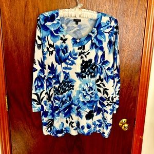 Talbots button down, blue & white floral print cardigan, 3/4 sleeves, sz 2X